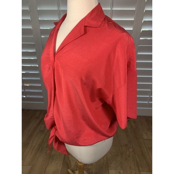 Vtg 70s Lehigh Red Button Up Blouse L/XL Tie Waist Collared Band Classic Retro - Picture 3 of 11